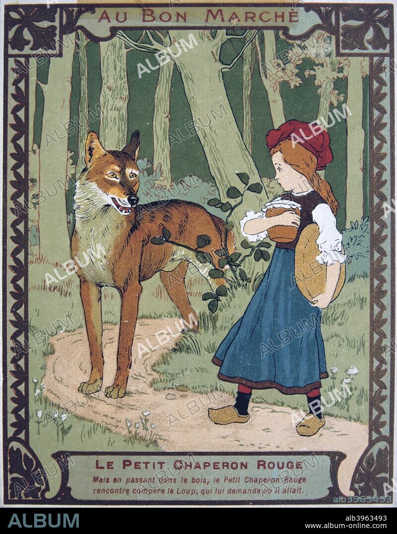 'Litttle Red Riding Hood', 19th century. Walking through the wood, she meets the wolf who asks her where she is going.