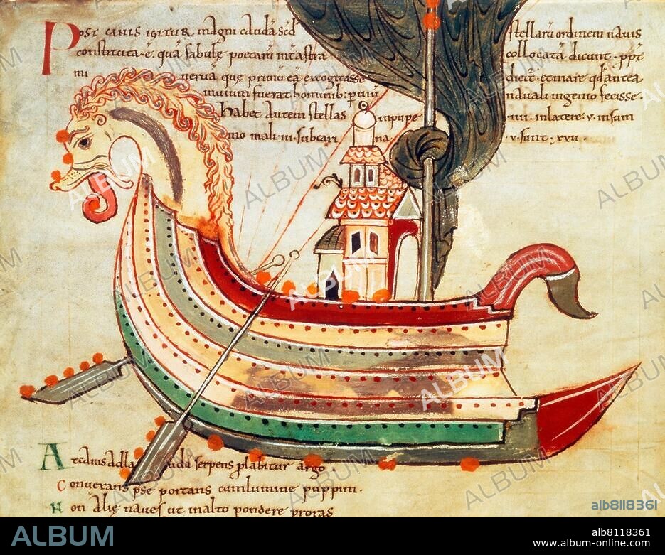 Anglo-Saxon manuscript illumination, c. 1025-1050. Viking ship of war. Ms. Cotton Tiberius. B V, part I, fol. 40v. London, British Library.