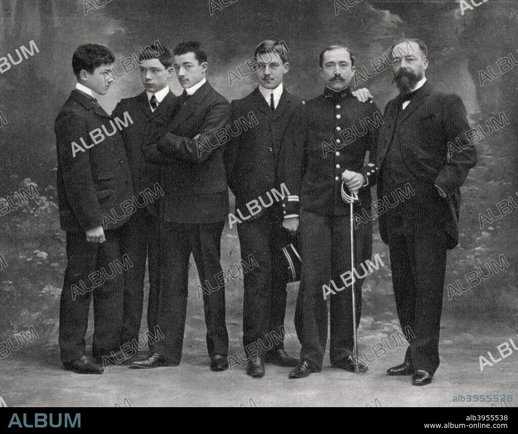 Paul Doumer, French statesman, 1908. Doumer (right) with his five sons, four of whom were killed in the First World War. He served as Governor-General of French Indochina from 1897-1902. On his return to France Doumer was President of the Chamber of Deputies from 1902-1905. He was elected President of France in 1931 but was assassinated the following year. A photograph from Album de Photographies dans L'Intimite de Personnages Illustres, 1855-1915, 8th album, Editions MD, Paris.