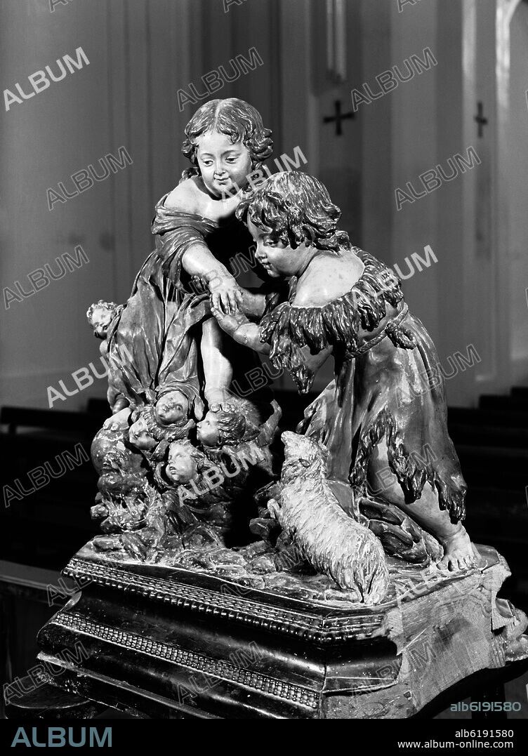 LUISA ROLDAN (1654-1704) LA ROLDANA. JESUS CON SAN JUANITO - SIGLO XVII - MADERA POLICROMADA - FOTOGRAFIA EN BLANCO Y NEGRO - AÑOS 60.