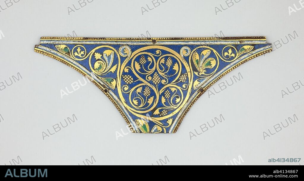 Spandrel for a Reliquary Shrine. German; Cologne. Date: 1165-1180. Dimensions: 7.8 × 19.2 cm (3 1/16 × 7 9/16 in.). Gilt copper, champlevé enamel. Origin: Cologne.