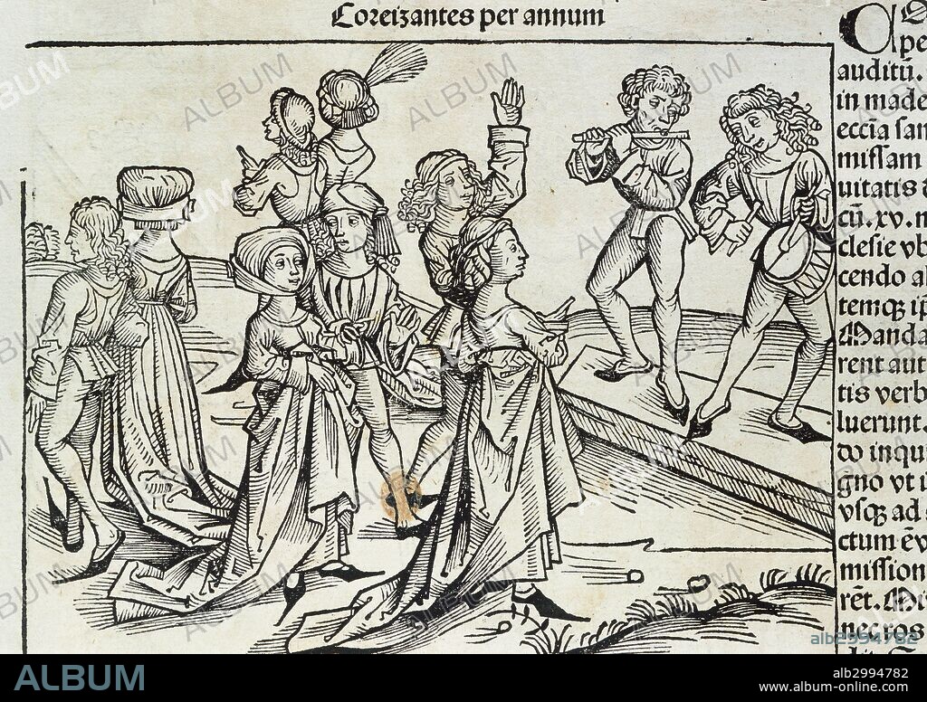 Germany. Magdeburg. 16th century. Party. Musicians playing and people dancing. Engraving in "Liber Chronicorum", by Hartman Schedel.