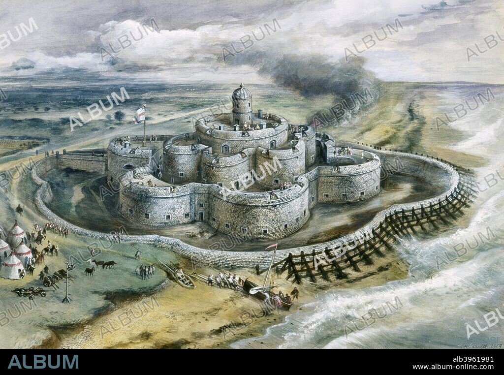 Deal Castle, 1540, (c1960s). Reconstruction drawing of the castle as newly completed in 1540. An artillery fort constructed by Henry VIII in Deal, Kent, between 1539 and 1540. It formed part of the King's Device programme to protect against invasion from France and the Holy Roman Empire,.