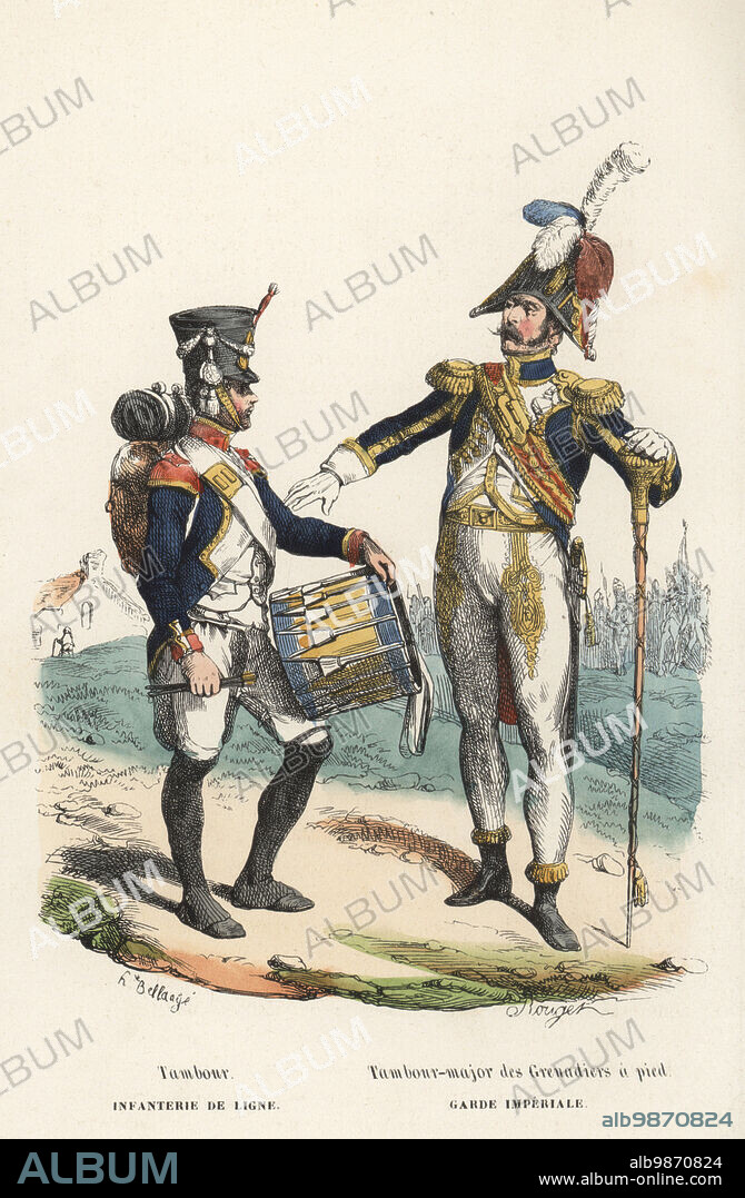 Musicians from Napoleon's infantry regiments. Drummer from a line infantry regiment, and drum major in the foot grenadiers, Imperial Guard. Tambour, Infanterie de Ligne. Tambour-major des Grenadiers a pied, Garde Imperiale. Handcoloured woodcut by Francois Rouget after an illustration by Hippolyte Bellangé from P.M. Laurent de lArdeches Histoire de Napoleon, Paris, 1840.