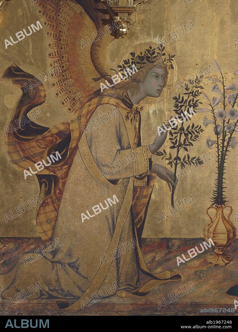 The angel Gabriel, detail of the Annunciation with St Ansano and St Massima, 1333, by Simone Martini (1283-1344) and Lippo Memmi (active from 1317 to 1356), painted polyptych stamped in gold leaf, tempera on panel, carved and gilded wood, 265x305 cm.