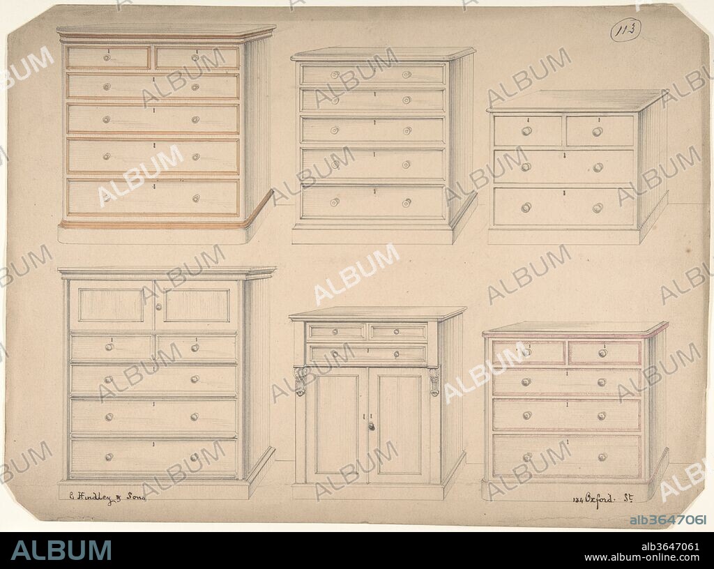 Designs for Chests of Drawers. Artist: Charles Hindley and Sons (British, London 1841-1917 London). Dimensions: sheet: 10 11/16 x 14 7/16 in. (27.2 x 36.7 cm). Date: 1841-84.