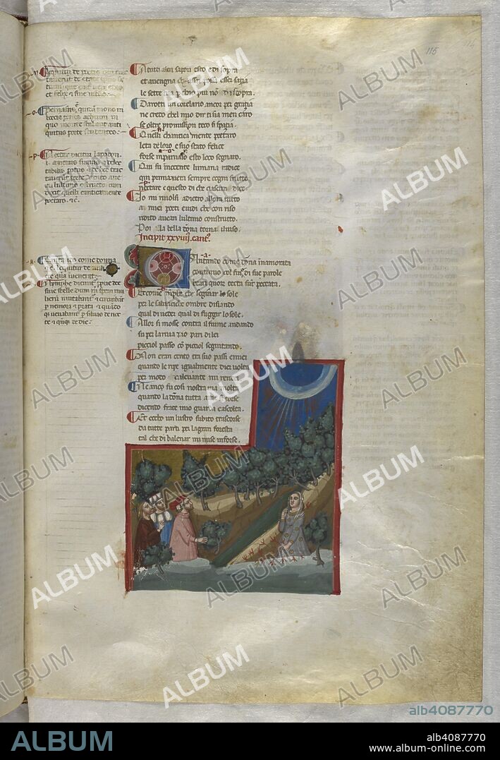 Purgatorio: They see a light shining in the sky. Dante Alighieri, Divina Commedia ( The Divine Comedy ), with a commentary in Latin. 1st half of the 14th century. Source: Egerton 943, f.115. Language: Italian, Latin.