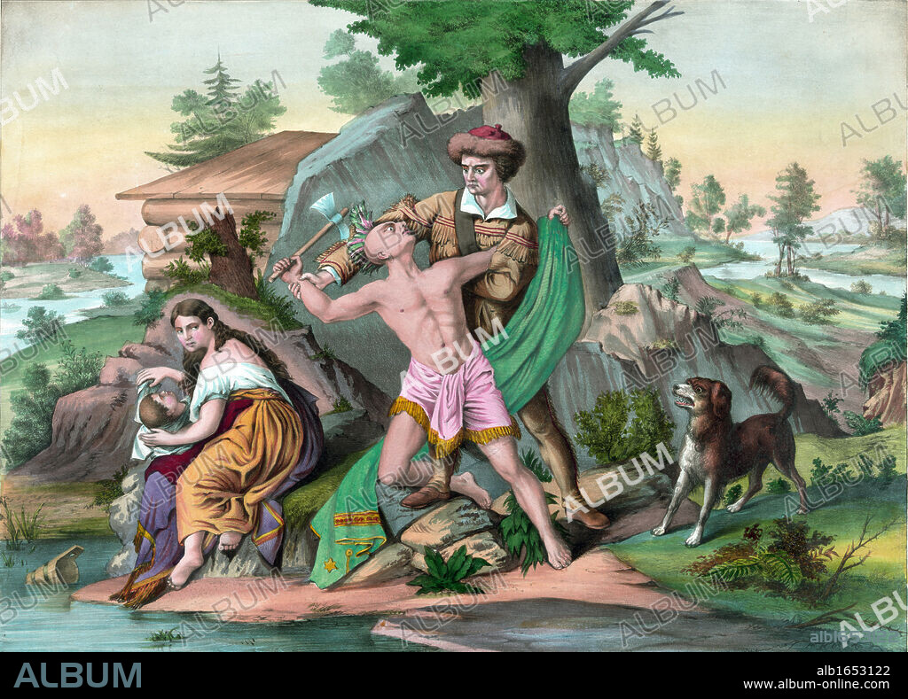 Daniel Boone (1734-1820) American pioneer, hunter, frontiersman, and folk hero. Boone in buckskins, defending his wife and son from a Native American wielding a tomahawk.  Hand-coloured lithograph, c1874. USA.