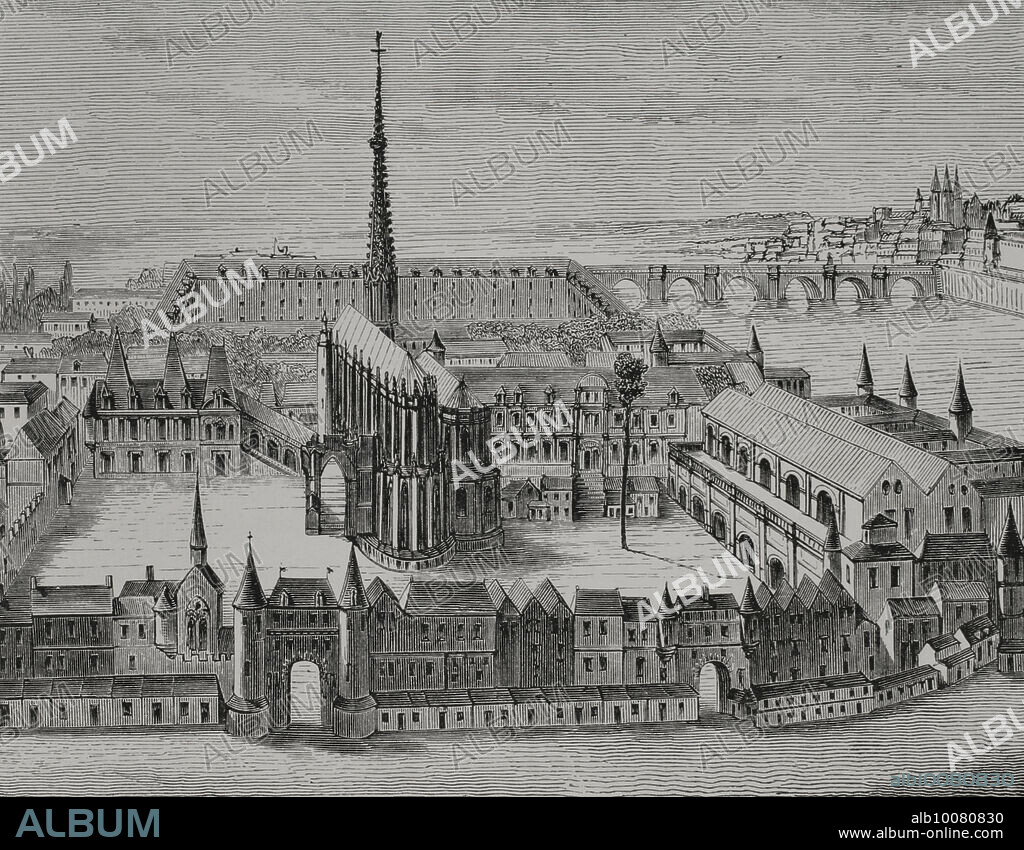 Paris, France. The Palais and the Sainte-Chapelle in the 16th century. Facsimile of an engraving of the period. "Moeurs, usages et costumes au moyen-âge et à l'époque de la Renaissance", by Paul Lacroix. Paris, 1878.