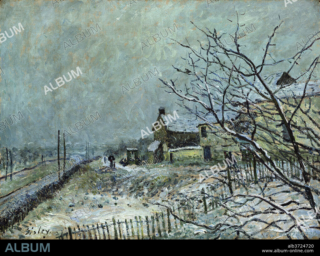 ALFRED SISLEY. First Snow at Veneux-Nadon. Dated: 1878. Dimensions: overall: 49.2 x 65.2 cm (19 3/8 x 25 11/16 in.)  framed: 69.2 x 86.4 x 7.6 cm (27 1/4 x 34 x 3 in.). Medium: oil on canvas.
