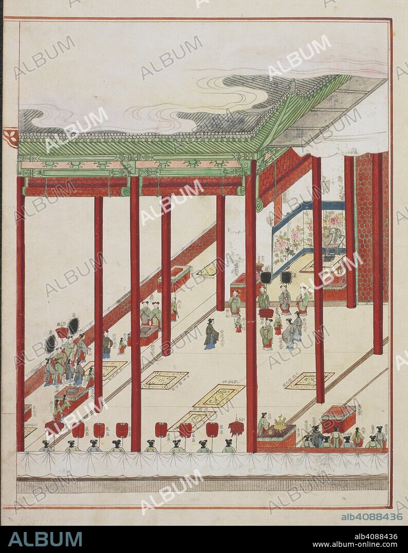 Korean court ritual. Page from a court manuscript showing the 60th anniversary of the consummation in 1749 of the marriage of Lady Hyegyong, and Crown Prince Sado. . Kisa chinpyori chinch'an uigwe. (Commerorative album of the ceremonies of the Kisa year [1809]. Korea, 1809. The manuscript is in the polychrome court painting style. Ink and colours on Korean paper. Source: Or. 7458, f.12. Language: Korean.