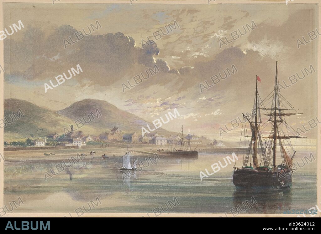 Valentia in 1857-1858 at the Time of the Laying of the Former Cable. Artist: Robert Charles Dudley (British, 1826-1909). Dimensions: Sheet: 6 3/4 x 10 1/16 in. (17.2 x 25.5 cm). Date: 1865.
One of the 19th century's great technological achievements was to lay a telegraphic cable beneath the Atlantic, allowing messages to speed back and forth between North America and Europe in minutes, rather than ten or twelve days by steamer. An initially successful attempt in 1858, led by Cyrus W. Field and financed by the Atlantic Telegraph Company, failed after three weeks. Two working cables were finally laid in July and September 1866, the result of repeated efforts by the indefatigable Field, a cadre of engineers, technicians, and sailors, two groups of financial backers, and significant help from the British and United States navies. Dudley documented the process in a series of watercolors and oils, this example showing the Irish coast near the site selected in 1857 for the cable to enter the ocean from the east. In 1892 Field donated art works by Dudley, commemorative medals, memorabilia, and specimens of cable to the Museum.
