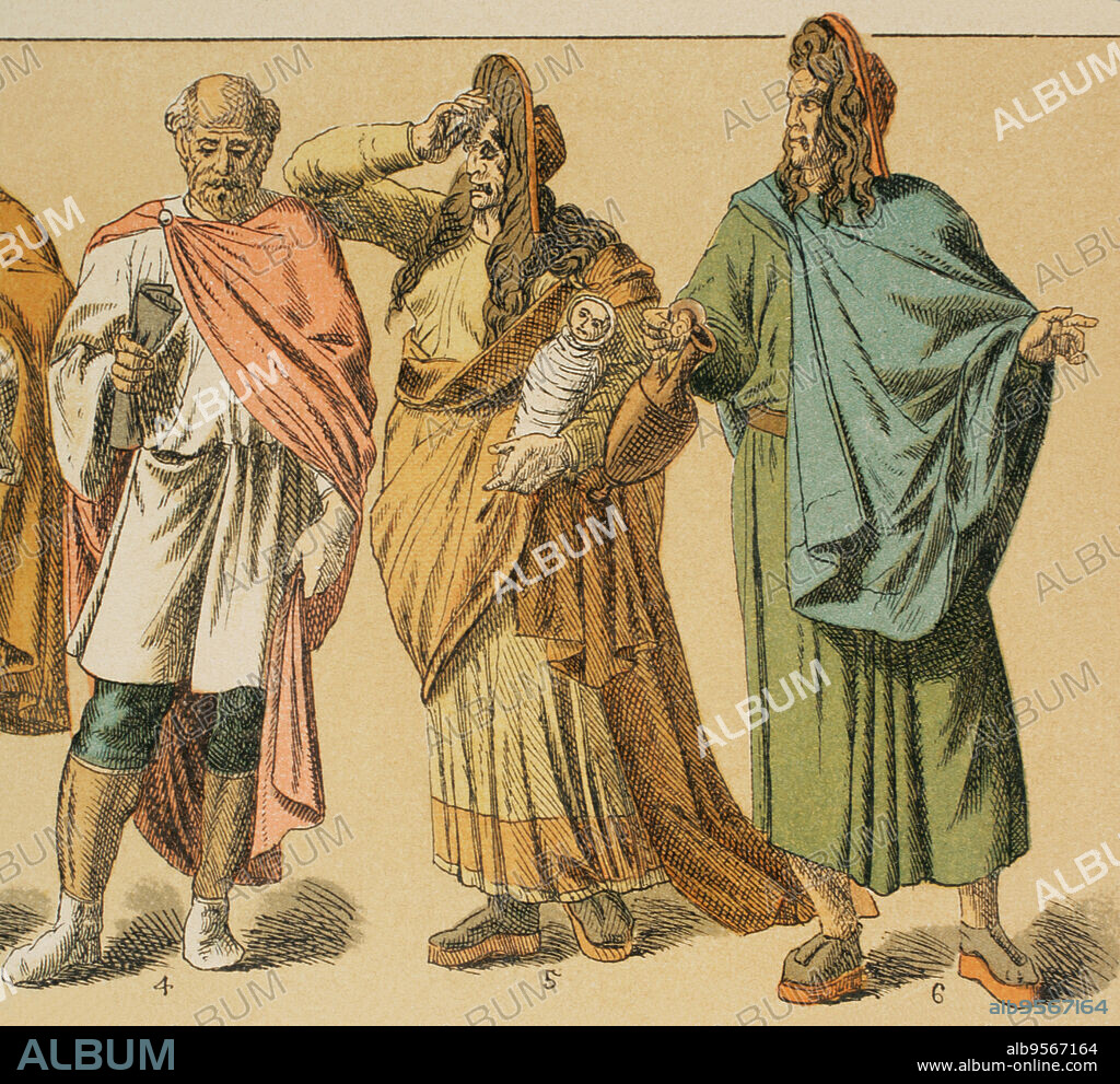 Roman times. From left to right: 4- tribune costume, 5 and 6- actors. Chromolithography. "Historia Universal", by César Cantú. Volume II, 1881.