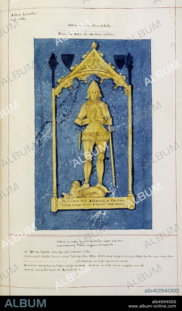 SIR WILLIAM DUGDALE and WILLIAM SEDGWICK. John de Multon. Book of Monuments, or 'Book of Draughts'. England; 1641. (whole folio) Drawing of memorial brass of John de Multon, in Lincoln Cathedral  Image taken from Book of Monuments, or 'Book of Draughts'.  Originally published/produced in England; 1641. . Source: Add. 71474, f.95. Language: Latin.