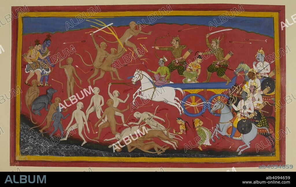 Indrajit advances in his chariot having created an illusory SÄ«tÄ, whom he holds by the single long tress of her hair. He then cuts off her head and her body falls to the ground. HanumÄn and the other monkeys, here SugrÄ«va and Aá¹…gada, are totally distraught but attack him. Then HanumÄn goes to tell RÄma and Laká¹£maá¹‡a of SÄ«tÄâ€™s apparent death. They look crushed by grief. Ramayana. Udaipur, c.1653. Source: Add. 15297(1), f.110.