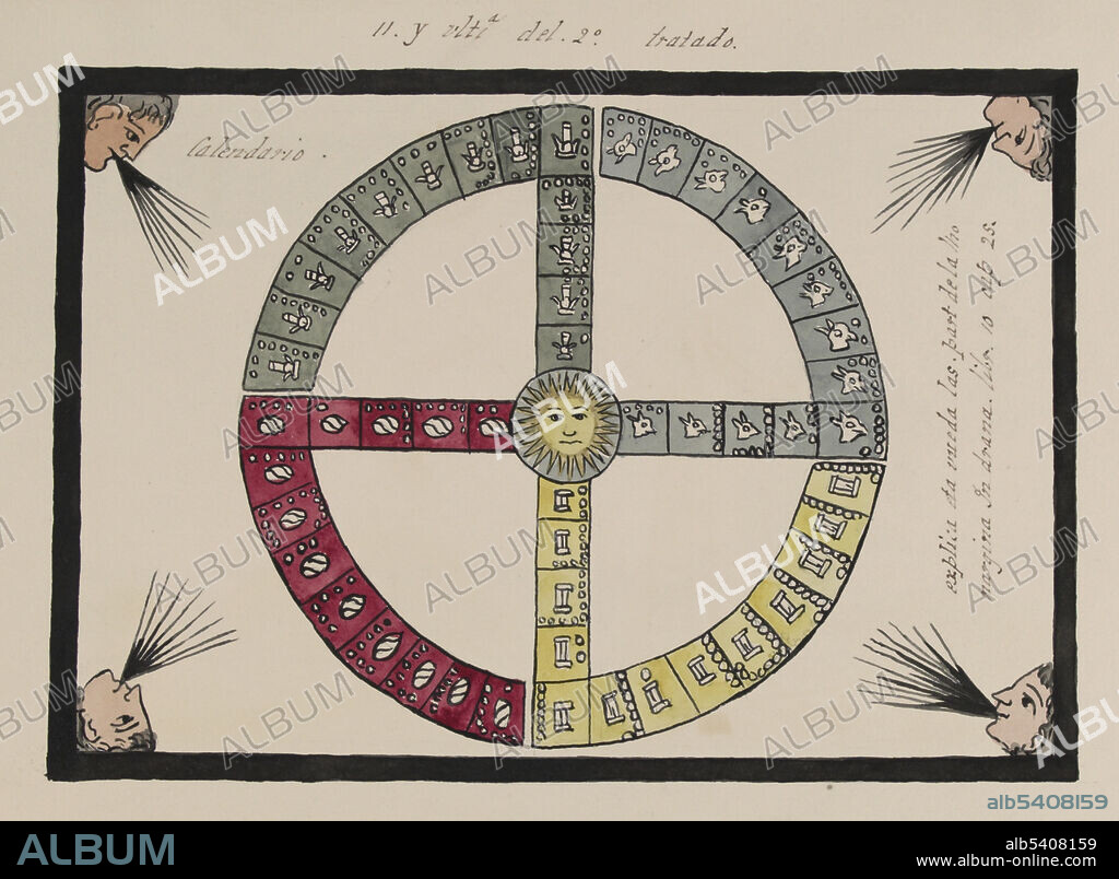 Aztec Tonalpohualli calendar with a sun at the center of the wheel. The Aztecs used two calendars to compute the days of the year. Xiuhpohualli (the first, or solar, calendar) consisted of 365 days, divided into 18 months of 20 units each, plus an additional period of five empty or unlucky days at the end of the year. Tonalpohualli (day count calendar) had a cycle made up of 260 days, combinations of 13 numbers and 20 symbols. The second calendar was divided into four sections: the acatl (reed), the tochtli (rabbit), the calli (house), and the tecpatl (flint). The acatl section of the calendar wheel is green, the color of the paradise of Tamoanchan, and represents the east. The tochtli section is blue and represents the south. The calli section is in white (here the artist has used yellow) and represents the west. The tecpatl section is the color of sacrifice or red and represents the north. The Tovar Codex (16th century) contains detailed information about the rites and ceremonies of the Aztecs. The codex is illustrated with 51 full-page paintings in watercolor. Illustration taken from a 19th century transcript of Juan de Tovar's Historia de la benida de los yndios apoblar a Mexico (the Co´dice Tovar).