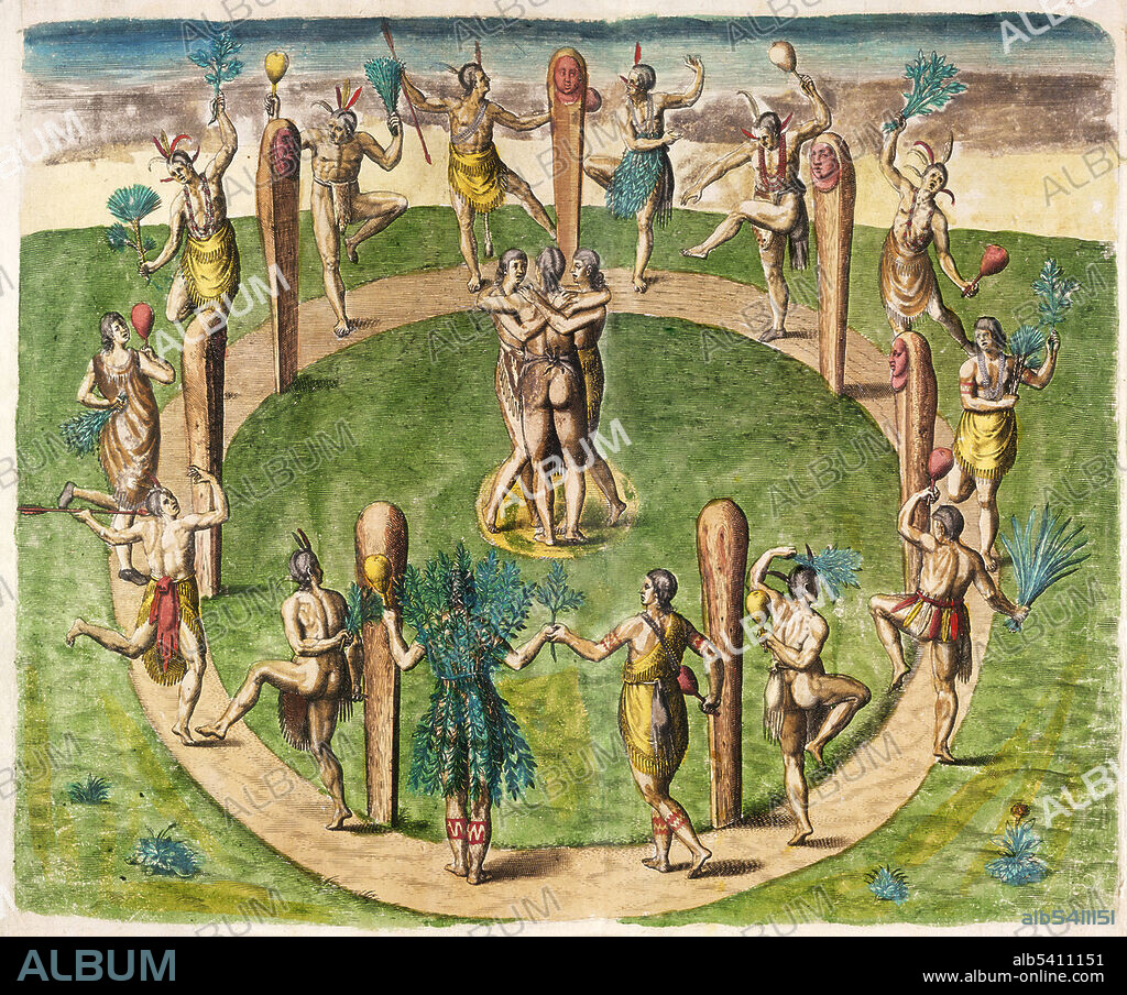 "The Virginian's manner of dancing at their religious festivals." Illustration of Secotan Indians in what is now North Carolina dancing round a circle of wooden posts, on the top of which are carved hooded human faces. Most of the group are wearing fringed apron-skins; their bodies decorated with body paint, and feathers in their hair. They hold twigs and gourd rattles. Three women in the centre are clasped closely together, facing inwards. Illustration by Theodor de Bry after John White, c. 1590. Although de Bry never set foot in the New World himself, he made many copies of watercolors by other artists, often making them look more European. The engravings are some of the earliest, if not necessarily the most accurate, surviving records of the Native Americans of the period.