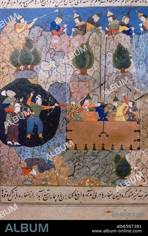 Timur, (Timur Lenk, Timur-i-Long, Tamerlan); Asian conqueror of Turco-Mongol descent; founder of the Timurid dynasty in Persia and Transoxiana; Kesh (Chagatai Khanate) 8.4.1336 - Otrar near Shymkent 19.1.1405. Attack on the enemy in a cave from a gondola suspended from a rock. Detail. Persian miniature, 1486. Illustration of the Zafarnama (Book of Victory / History of Timur) by the Persian historian Sharaf ad-Din Ali Yazdi (died 1454). Gouache on paper. Ms. 1964. Istanbul, Museum of Turkish Art.