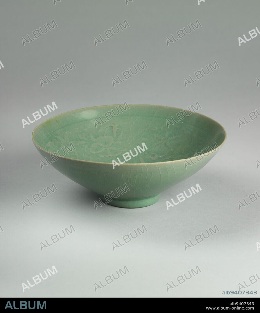 Bowl with floral design, first half 12th century, Unknown Korean, 2 3/4 × 7 3/8 × 7 1/4 in. (6.99 × 18.73 × 18.42 cm), Stoneware with mold-impressed design under celadon glaze, Korea, 12th century, High-fired ceramics with a green-blue celadon glaze were introduced to the Korean peninsula from China in the tenth century. Within a century or two, Korean artisans had developed their own distinctive tradition of celadon warethe only variety of high-fired ware produced in the Goryeo periodthat received high praise even from the Chinese. The inside of this thin-bodied bowl is decorated with an elegant design of flowers and leaves applied with a mold.