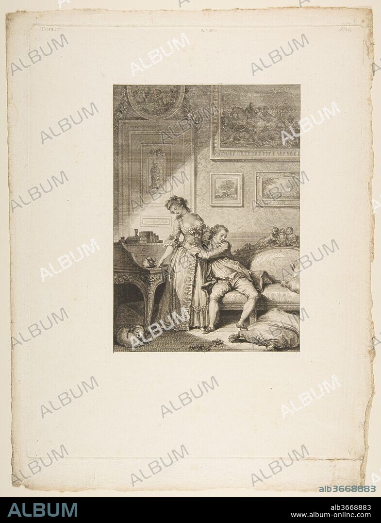 A Femme avare galant Escroc, from Contes et nouvelles en vers par Jean de La Fontaine.  A Paris, de l'imprimerie de  P. Didot, l'an III de la République, 1795. Artist: After Jean Honoré Fragonard (French, Grasse 1732-1806 Paris); Jacques Aliamet (French, Abbeville 1726-1788 Paris). Author: Jean de La Fontaine (French, Château-Thierry 1621-1695 Paris). Dimensions: Sheet: 13 7/8 × 10 1/4 in. (35.2 × 26 cm)
Plate: 12 7/16 × 9 5/8 in. (31.6 × 24.5 cm). Publisher: Pierre Didot l'ainé (French, 1761-1853). Series/Portfolio: Contes et nouvelles en vers par Jean de La Fontaine.  A Paris, de l'imprimerie de  P. Didot, l'an III de la République, 1795. Date: published in 1795.