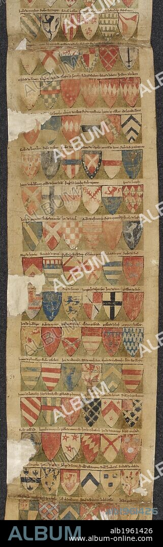 Coats of Arms. The Dering Roll. c.1270-1280. Coats of Arms. Image taken from: The Dering Roll, the oldest extant English roll of arms. The parchment roll measures 2645mm by c.210mm and is complete, consisting of 4 membranes, each measuring approximately 660mm in length. Painted on a green background, it contains 324 coats of arms arranged in 54 rows, with 6 shields assigned to each line. Above each shield is written the knight's name in English cursive script, with the exception of five shields where the names have been omitted or erased.  Produced c.1270-1280. . Source: Add. Roll 77720(3).