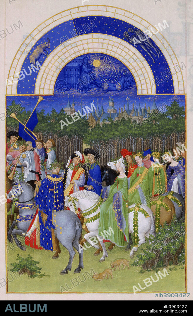 LIMBOURG BROTHERS. Très Riches Heures du duc de Berry Folio 5, verso: May. Date/Period: Between 1412 and 1416. Illumination. Painting on vellum. Height: 22.5 cm (8.8 in); Width: 13.6 cm (5.3 in).