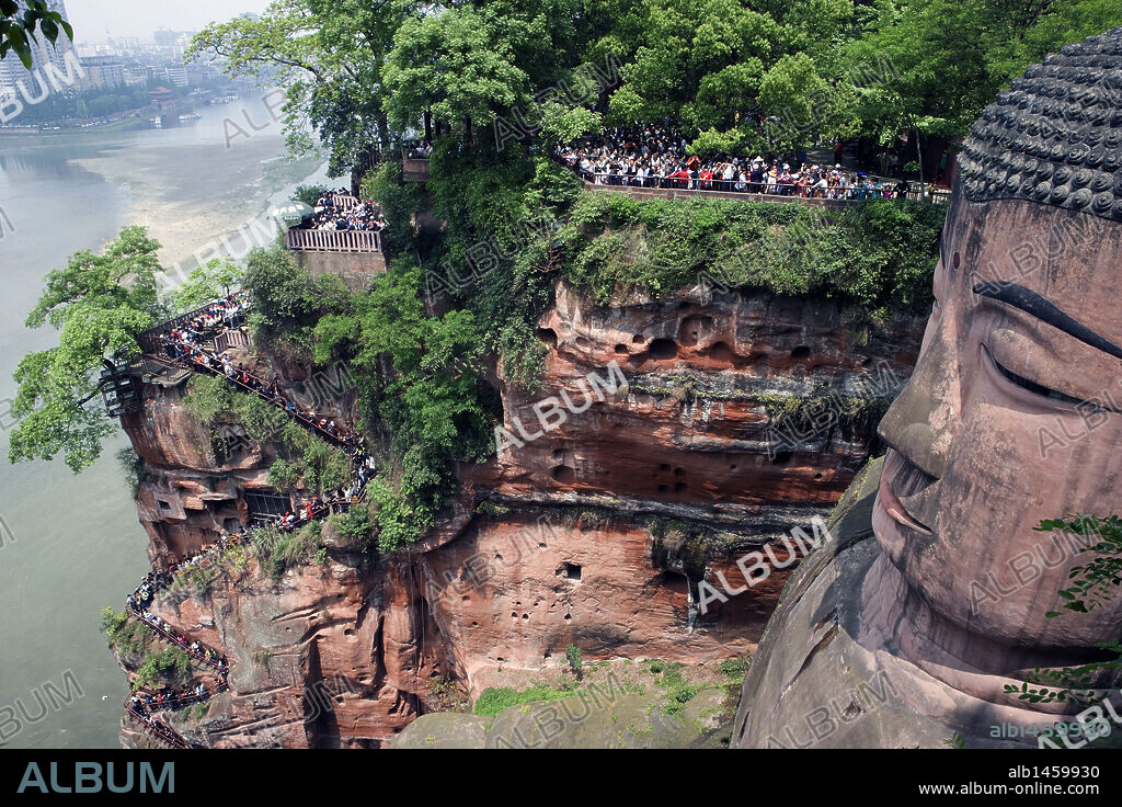 Leshan Giant Buddha (713-803). Carved into a cliff of Mount Lingyun. Depicts seated Maitreya Buddha. Sichuan Province. China.