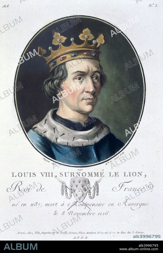 Louis VIII, known as 'the Lion', King of France, (1790). Louis VIII (1187-1226) became king of France in 1223. He had previously been offered the crown of England during the revolt of the barons against King John in 1216, but renounced the claim when he signed the Treaty of Lambeth the following year.