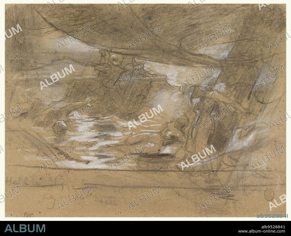 WINSLOW HOMER. Horizontal view of the deck of a ship containing a cannonball, with two women lashed to a mast, at right, and men in oilskins in background, with clouds of smoke in the air. Charcoal, white chalk on brown cardboard. Date: July 1886.