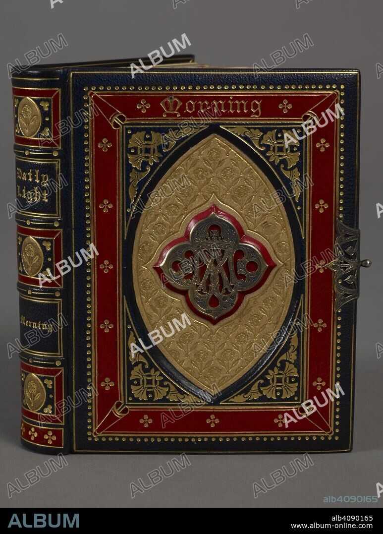 A contemporary gold-tooled blue morocco binding with red and white onlays and the cipher of Marie Alexandrovna, Duchess of Edinburgh. Presented to her on November 16th 1874 by the Maidens of the United Kingdom. . Daily Light on the Daily Path ... The morning hour. London, [1862?]. Cover Material: Goatskin . Source: C.108.cc.5 front upper cover and spine.