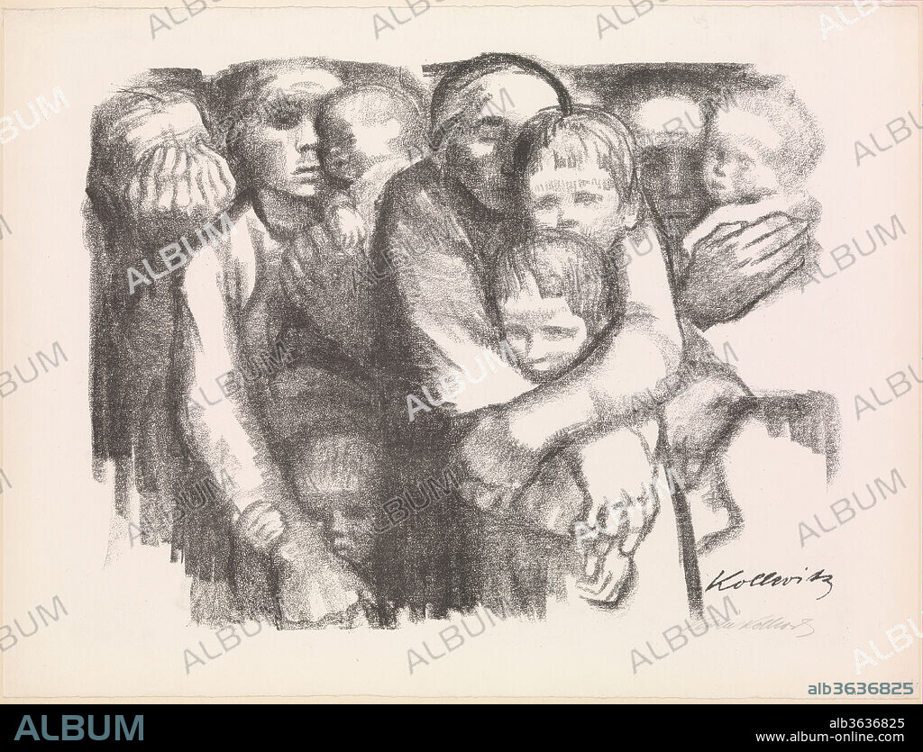 KÄTHE KOLLWITZ. Mothers (Mütter). Artist: Käthe Kollwitz (German, Kaliningrad (Königsberg) 1867-1945 Moritzburg). Dimensions: Sheet: 20 3/4 x 27 5/8 in. (52.7 x 70.1 cm)
Image: 17 3/16 x 22 11/16 in. (43.6 x 57.7 cm). Publisher: Emil Richter, Dresden. Date: 1919.
Eschewing the historical narratives and detailed compositions of her earlier work, Kollwitz created prints that became iconic images of grief and trauma. In Mothers, women and children of various ages huddle together, their linked bodies forming a solid structure that fills the composition. Kollwitz drew herself in the center, eyes closed and arms wrapped protectively around her two sons: Hans, the elder, and Peter, who was killed in combat at eighteen. The artist wrote about this work with pride and tenderness in a letter of February 1919: "I have drawn the mother who embraces her two children; I am with my own children, born from me, my Hans and my Peterchen.".