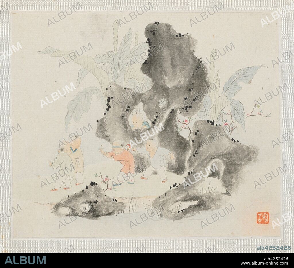 Album of Landscape Paintings Illustrating Old Poems: Children Play in a Rocky Grove, 1700s. Hua Yan (Chinese, 1682-about 1765). Album leaf, ink and light color on paper; image: 11.2 x 13.1 cm (4 7/16 x 5 3/16 in.); album, closed: 15 x 18.5 cm (5 7/8 x 7 5/16 in.).