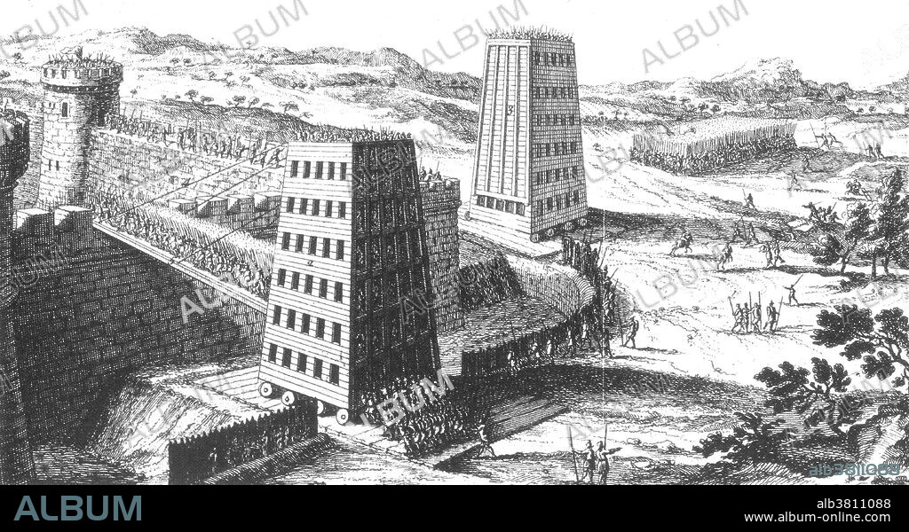 18th century engraving of wheeled siege towers and bridges used by Frederick II of Germany, Holy Roman Emperor for the siege of Jerusalem. The Sixth Crusade started in 1228 as an attempt to regain Jerusalem. It began seven years after the failure of the Fifth Crusade. It involved very little actual fighting. The diplomatic maneuvering of the Holy Roman Emperor, Frederick II resulted in the Kingdom of Jerusalem regaining control of Jerusalem and other areas for fifteen years. Siege towers were used to get troops over an enemy curtain wall. When a siege tower was near a wall, it would drop a gangplank between it and the wall. Troops could then rush onto the walls and into the castle or city.