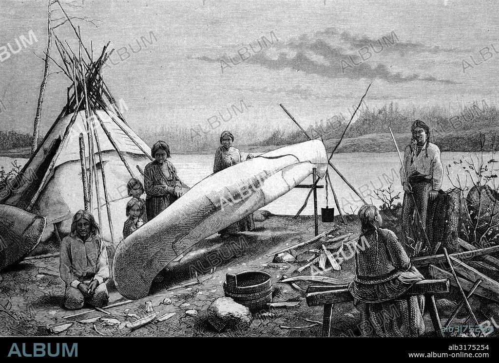 Anishinabe or chippewa indians repairing a boat, north america, historical illustration, circa 1886.