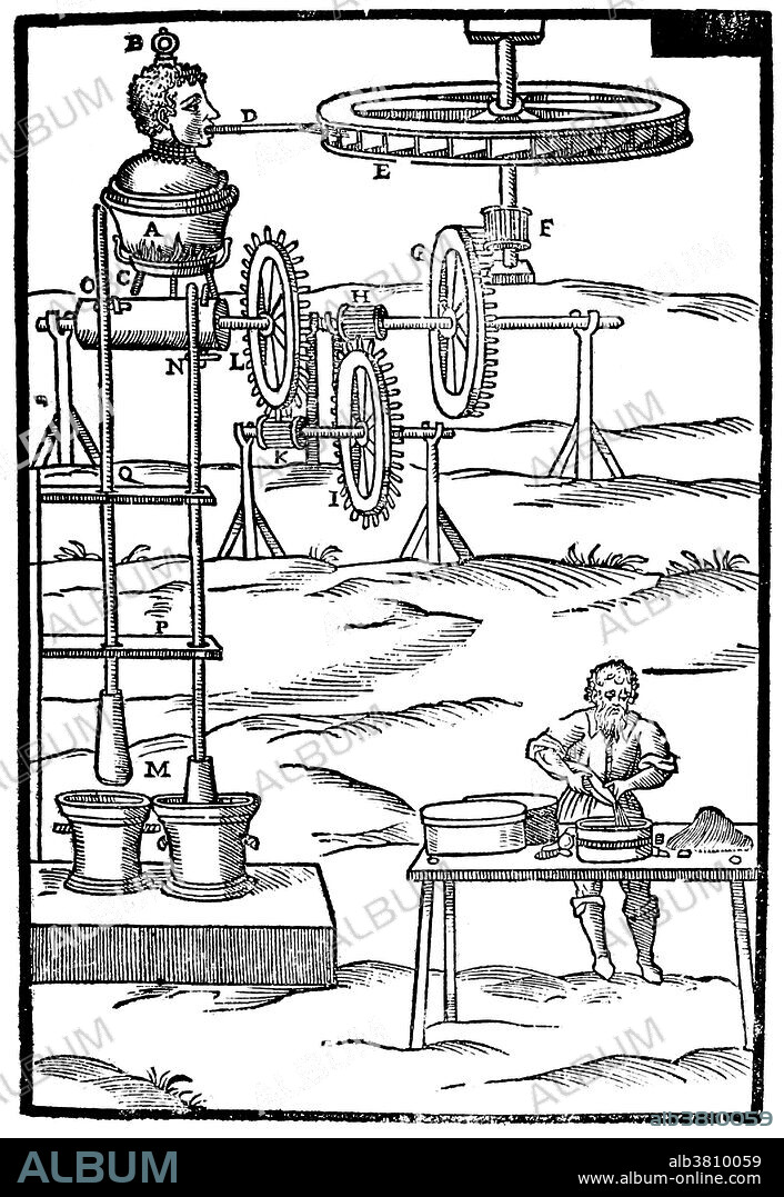 Invention designed by Branca. Steam blower powering a double pestle. Le machine, Rome 1629. Giovanni Branca (April 22, 1571 - January 24, 1645) was an Italian engineer and architect, chiefly remembered today for what some commentators have taken to be an early steam engine. Branca designed many different mechanical inventions, that were published in book form at Rome in 1629, under the title Le machine. The work contains 63 woodcuts with descriptions in Italian and Latin. Unlike earlier authors, he did not claim to be the creator of many of the machines and in one instance is even uncertain over how the machine in question is supposed to work. His Manuale d'Architettura, also published in 1629, was a practical guide for planning and construction and is considered the first architectural handbook. He died in 1645 at the age of 73.