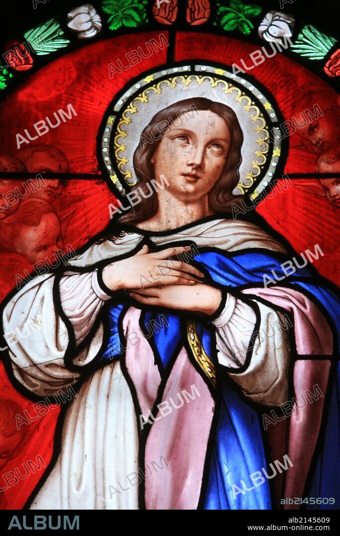 Stained glass window, Virgin Mary.