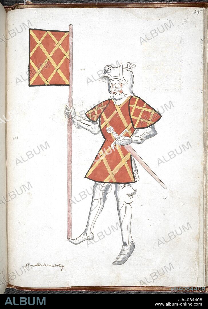 ROGER LEGH. Knight, in armour and tabard, holding a sword and a standard with banner and arms. Legh's Men of Arms (manuscript also known as Sir Thomas Holme's Book of Arms). Part 3 ff. 41-112. England, S. E. (probably London). Last quarter of the 15th century or 1st quarter of the 16th century. Numerous coloured drawings of knights in armour and tabard. Source: Harley 4205 f.94. Language: French (names of the knights). Gothic cursive.