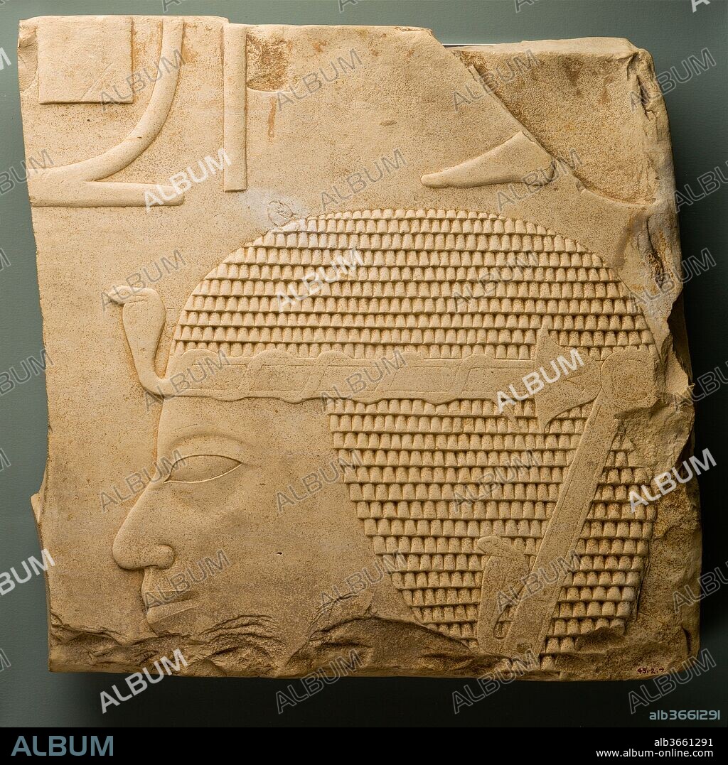 Relief with the Head of Amenhotep I. Dimensions: h. 44 cm (17 5/16 in); w. 44 cm (17 5/16 in). Dynasty: Reign of Amenhotep I. Date: ca 1525-1504 B.C..
The fragmentary cartouche in the upper left-hand corner of this relief preserves the last letter of the name Amenhotep. In Dynasty 18, there were four kings with this name which means "Amun is satisfied." The identity of the king depicted here is clear from the preserved profile. The shape of the nose and the short upper lip are almost identical to the profile of a head of Amenhotep I, 26.3.30a, in the Museum's collection (see additional photographs). The similarities in these works, one in two-dimensions and the other in three, demonstrate that images of an Egyptian king were probably based on an officially sanctioned likeness that combined recognizable features into an idealized portrait of the monarch in question.
Amenhotep I, like most of his successors in the New Kingdom, made architectural additions to the temple of the god Amun at Karnak. This temple was across the river from and slightly north of Deir el-Bahri, and its axis was parallel to the temples of Hatshepsut and Mentuhotep II. Amenhotep's additions to Karnak were dismantled in ancient times and are now preserved in a number of Museums. By studying the fragments in Egypt and abroad, Egyptologists have been able to determine that one wall was decorated with two scenes of the king smiting his enemies - a typical scene on temple walls. The fragment of relief shown here appears to have been part of one of these scenes.