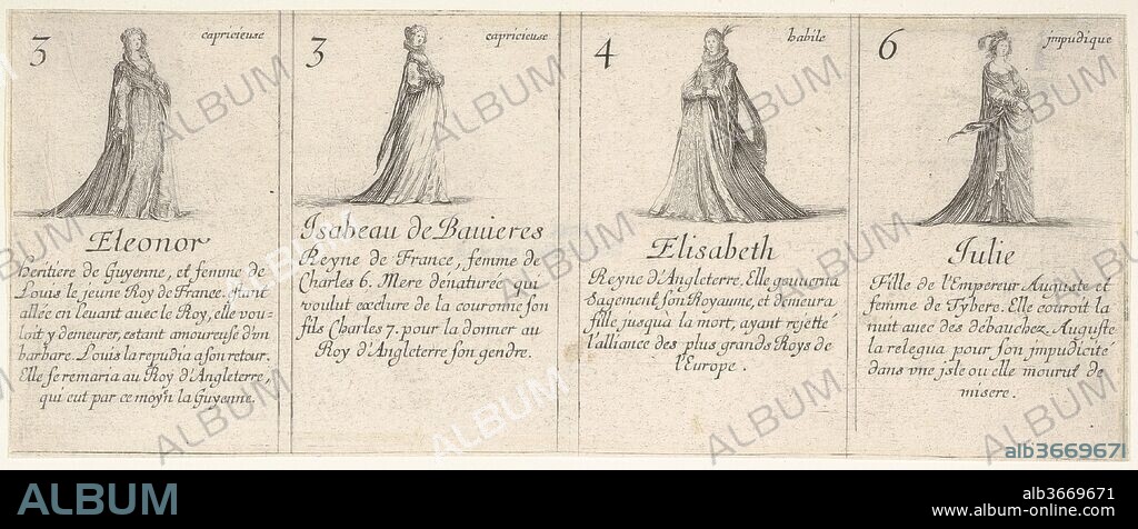 Eleonor, Isabeau de Bauieres, Elisabeth, and Julie, from 'The game of queens' (Le jeu des Reines renommées). Artist: Stefano della Bella (Italian, Florence 1610-1664 Florence). Dimensions: Sheet: 3 9/16 x 8 13/16 in. (9 x 22.4 cm). Series/Portfolio: 'The game of queens' (Le jeu des Reines renommées). Date: 1644.