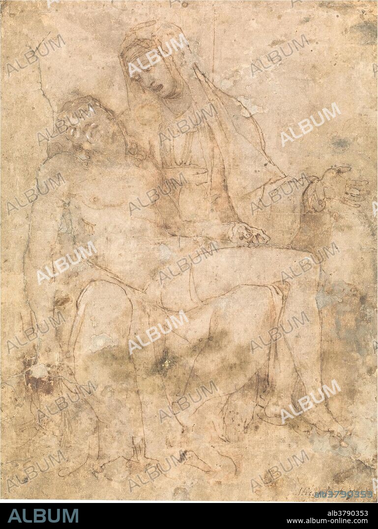 TADDEO ZUCCARI. Taddeo Zuccaro / 'Pietá'. Mid-XVIcentury. Wash, Pencil, Pencil ground, Grey-brown ink on yellow paper.