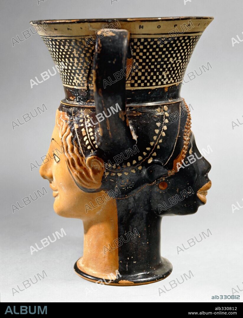 Greek canthare with double head of woman one white and the other black or negro, c.540 b.C.