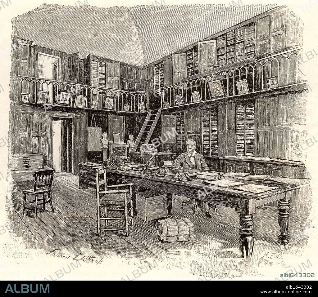 Asa Gray (1810-1888) American botanist, in the herbarium of the Harvard University Botanic Garden. The Herbarium was based on Gray's collection of more than 200,000 specimens which he offered to the Botanic Garden in 1862 on the condition that his collection, and his library of 2,200 botanical books, were housed in a fireproof building. Engraving from "The Century Magazine" (New York, 1886). (Photo by: Universal History Archive/UIG via Getty Images).