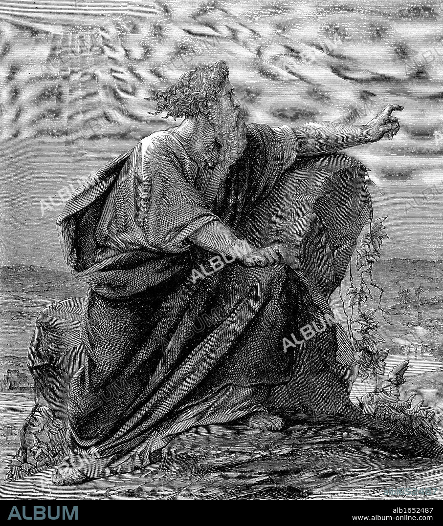 Moses, Old Testament prophet, having led his people out of captivity and through the wilderness, views the Promised Land on which he will never set foot. "Bible" Deuteronomy 34. Wood engraving c1860.