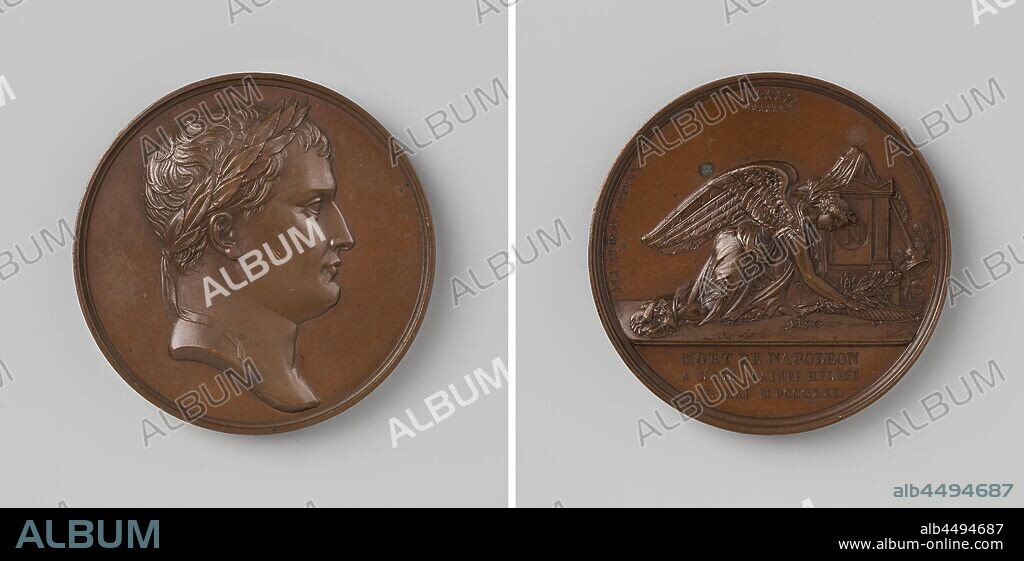 Death of Napoleon Bonaparte, died on St. Helena, Bronze Medal. Front: man's breast piece with laurel wreath. Reverse: winged woman kneels at the altar beneath the star wreath, the base letter of which bears a medallion to lay laurel and palm branches, in another hand, with a fold over her cloak, she holds laurel wreath and trumpet, broken scepter lies at her feet, cut off: inscription, Saint Helena, Napoleon I Bonaparte (Emperor of the French), Nicolas Guy Antoine Brenet, Paris, 1821, bronze (metal), striking (metalworking), d 4.1 cm × w 38.17 gr.