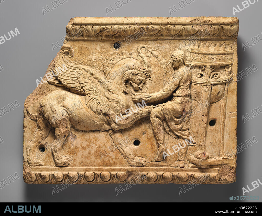 Terracotta plaque. Culture: Roman. Dimensions: Overall: 18 1/4 x 14 1/2 x 2 1/2 in. (46.4 x 36.8 x 6.4 cm). Date: 27 B.C.-A.D. 68.
Relief with a griffin and an arimasp
Arimasps were mythical one-eyed men who dwelt with gold-guarding griffins in lands north of Scythia.