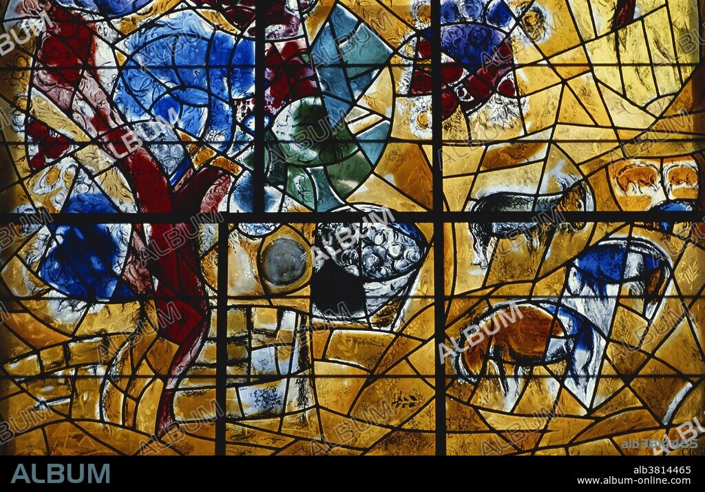 "Joseph," one of twelve stained-glass windows by the artist Marc Chagall for the synagogue of Hebrew University's Hadassah Medical Center in Jerusalem, Israel. The windows were installed in 1962.