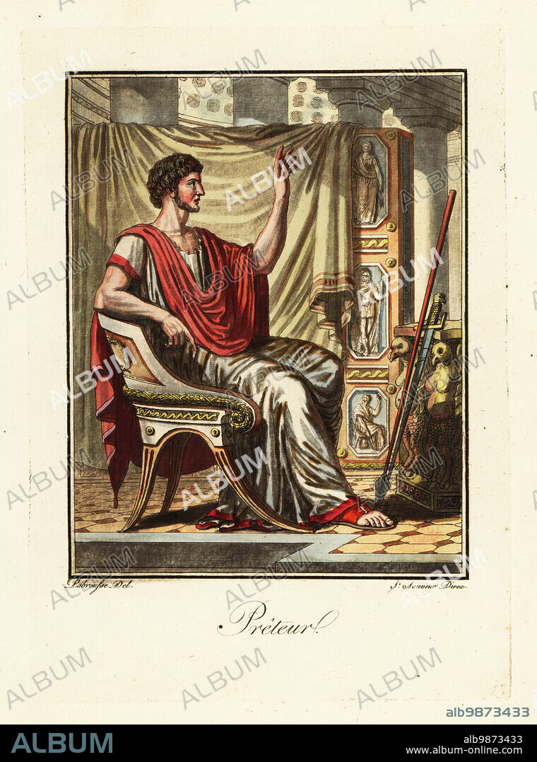 Costume of a praetor or magistrate, ancient Rome. In toga, tunic and  sandals, seated on a chair in a room decorated with screen, spear, sword,  carved table. Preteur. Handc - Album alb9873433