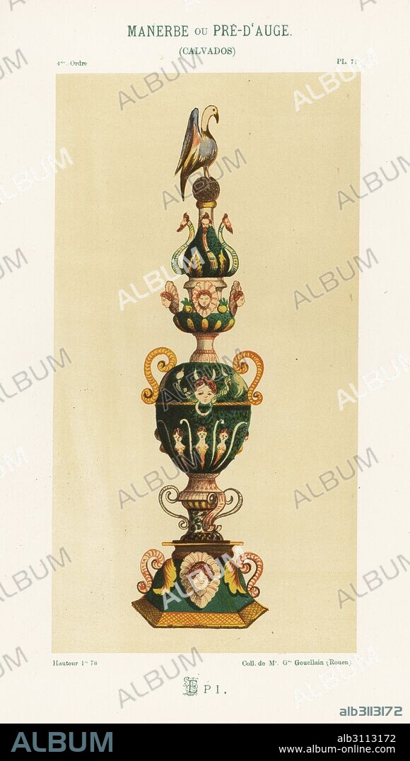 Epi de faitage or ornamental ceramic spike from Manerbe or Pre-d'Auge,  Calvados, France, 18th century. Hand-finished chromolithograph from Ris  Paquot's General History of - Album alb3113172