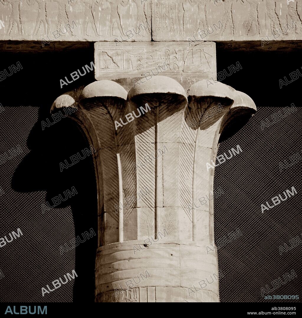 Detail of column capital from one of the large columns in the hypostyle hall at the Ptolemaic Temple of Horus at Edfu. The ribbing on the captial may be inspired from the palm leaf, thus the name Palmiform Column.