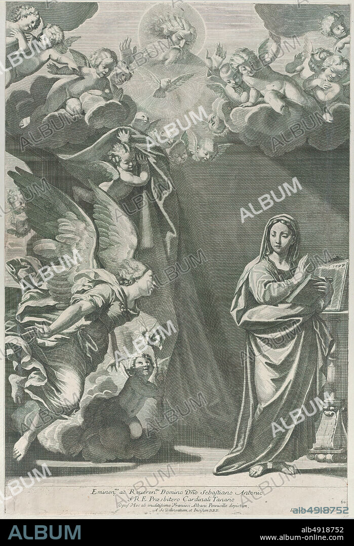 Giacomo-Maria Giovannini, The Annunciation, with Gabriel and other angels at left and God the Father above, Giacomo-Maria Giovannini (Italian, Bologna 16671717 Parma), After Francesco Albani (Italian, Bologna 15781660 Bologna), 16871717, Engraving, Sheet (Trimmed): 21 1/4 × 14 5/16 in. (53.9 × 36.3 cm), Prints.